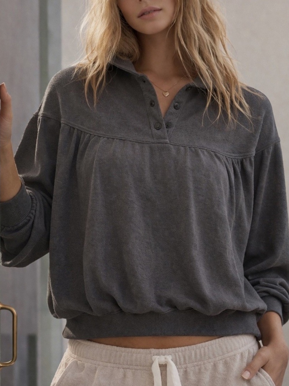 Aerie Soft Life Babydoll Henley Sweatshirt Charcoal Gray Terrycloth Size Small